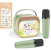 J&D Mini Karaoke Machine for Kids Adults, Portable Bluetooth Speaker with 2 Wireless Mics and Cat Sticker for Girls Boys Age 3–10 Birthday Gifts Princess Toys, Colorful LED, Green