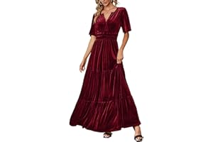 Amegoya Women's Velvet Short Sleeve V Neck Formal Wedding Guest Maxi Dresses Fall Evening Party Long Dresses
