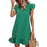Floerns Women's Solid V Neck Ruffle Trim Cap Sleeve Summer Tunic Dress