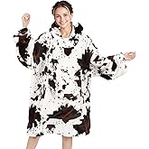 KIVEE Wearable Blanket Hoodie Cow Print Oversized Fleece Sweatshirt Blanket with Giant Pocket Warm Cozy Hooded Blanket for Adult Cow Gifts for Women Men