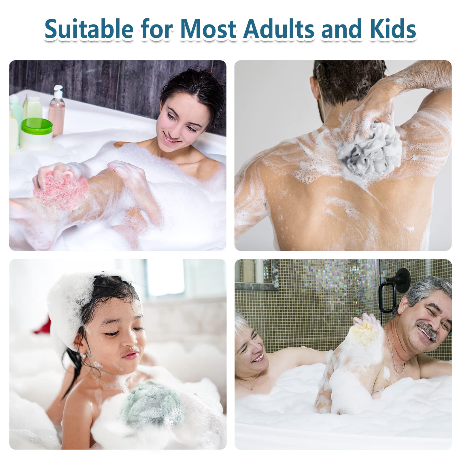 Bath Loofah Sponge, 60G Shower Loofah Exfoliating Body Scrubber Sponge, 4 Count Bath Mesh Pouf Ball for Women and Men (Light Color)