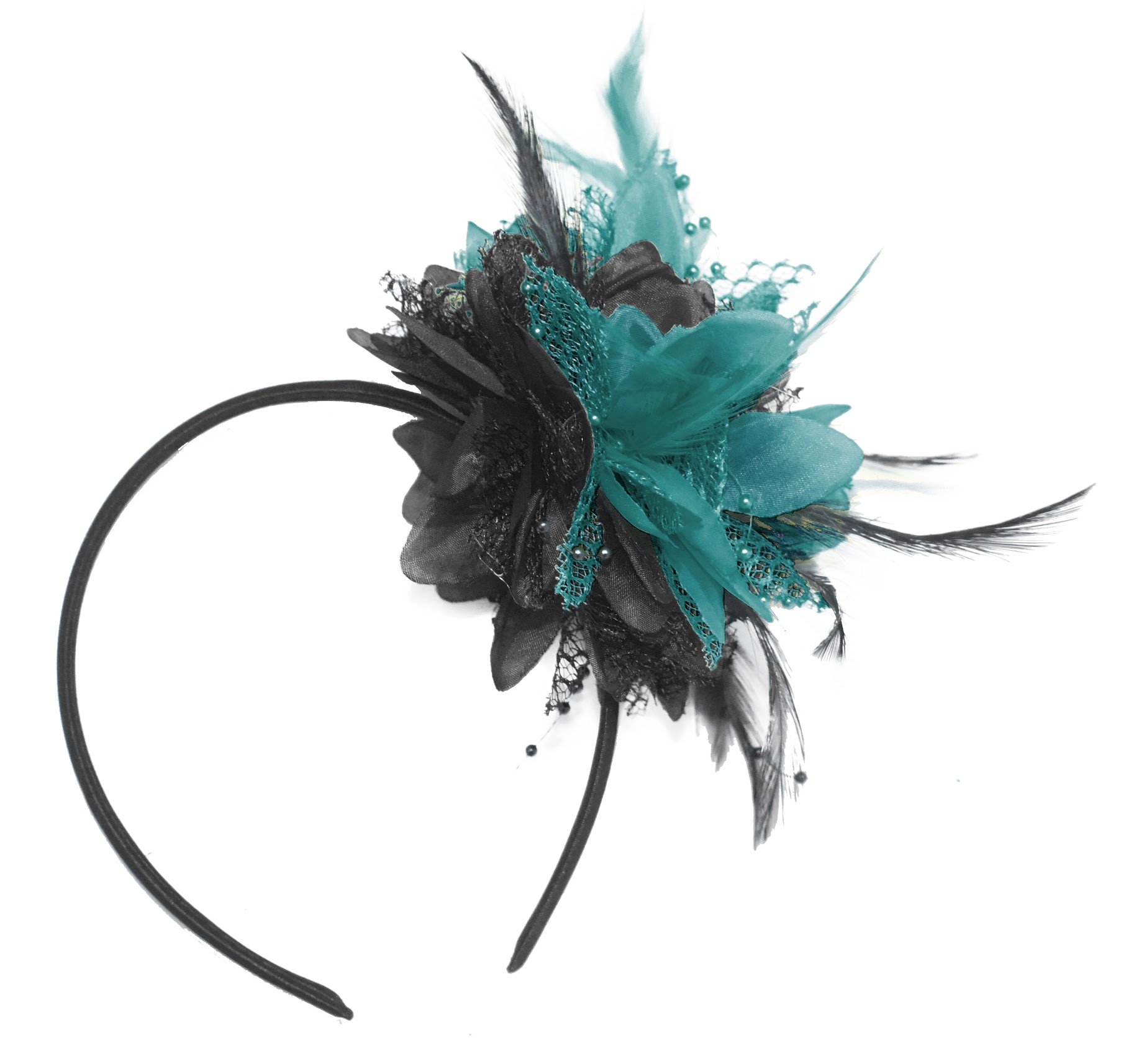 Caprilite Black and Teal Turquoise Fascinator on Headband for Ascot Weddings