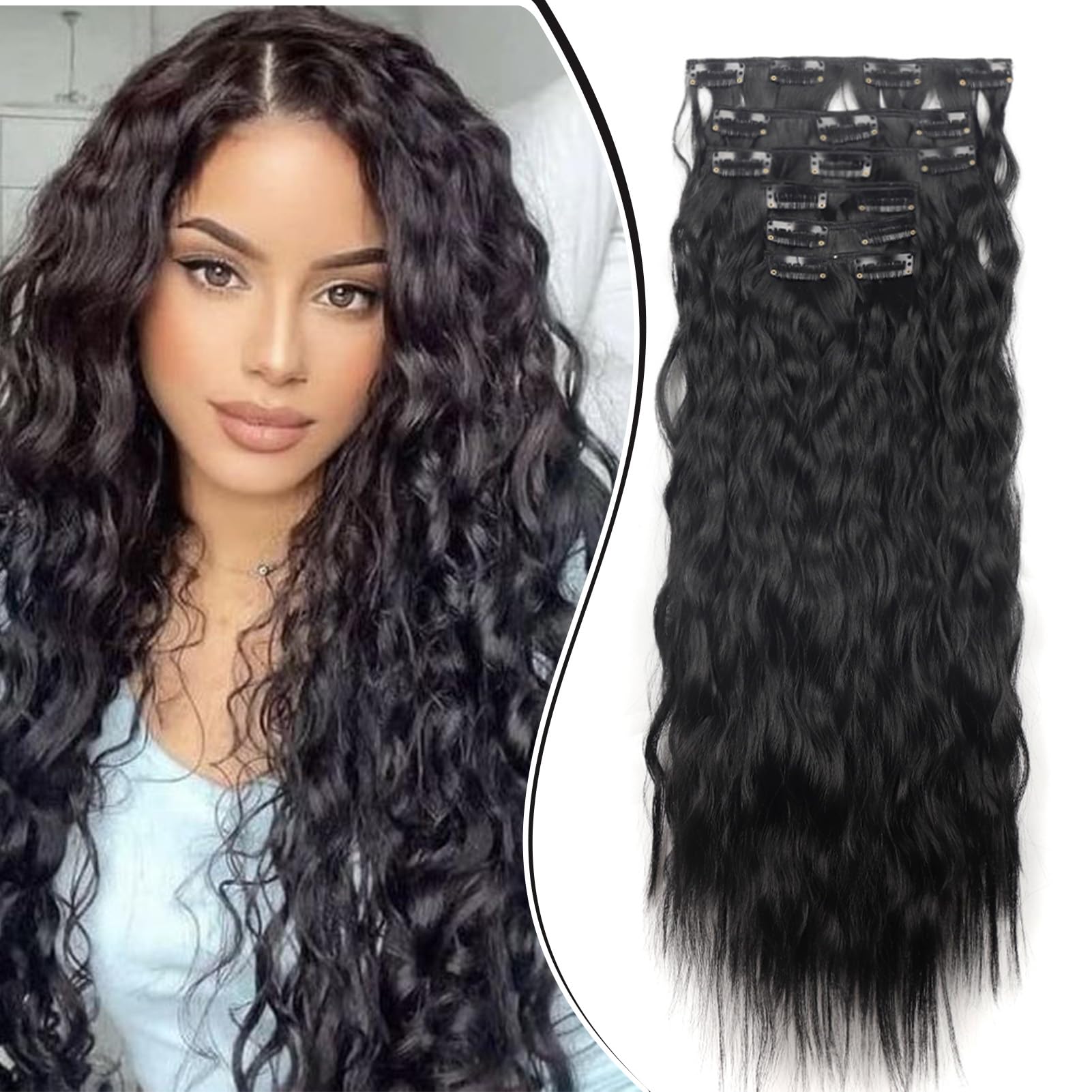 Gairyan Long Curly Clip in Hair Extensions 20 inch Black Hair Extension Clip in Hairpiece Wavy 6PCS Full Head Set Synthetic Hair piece for Women — image 1