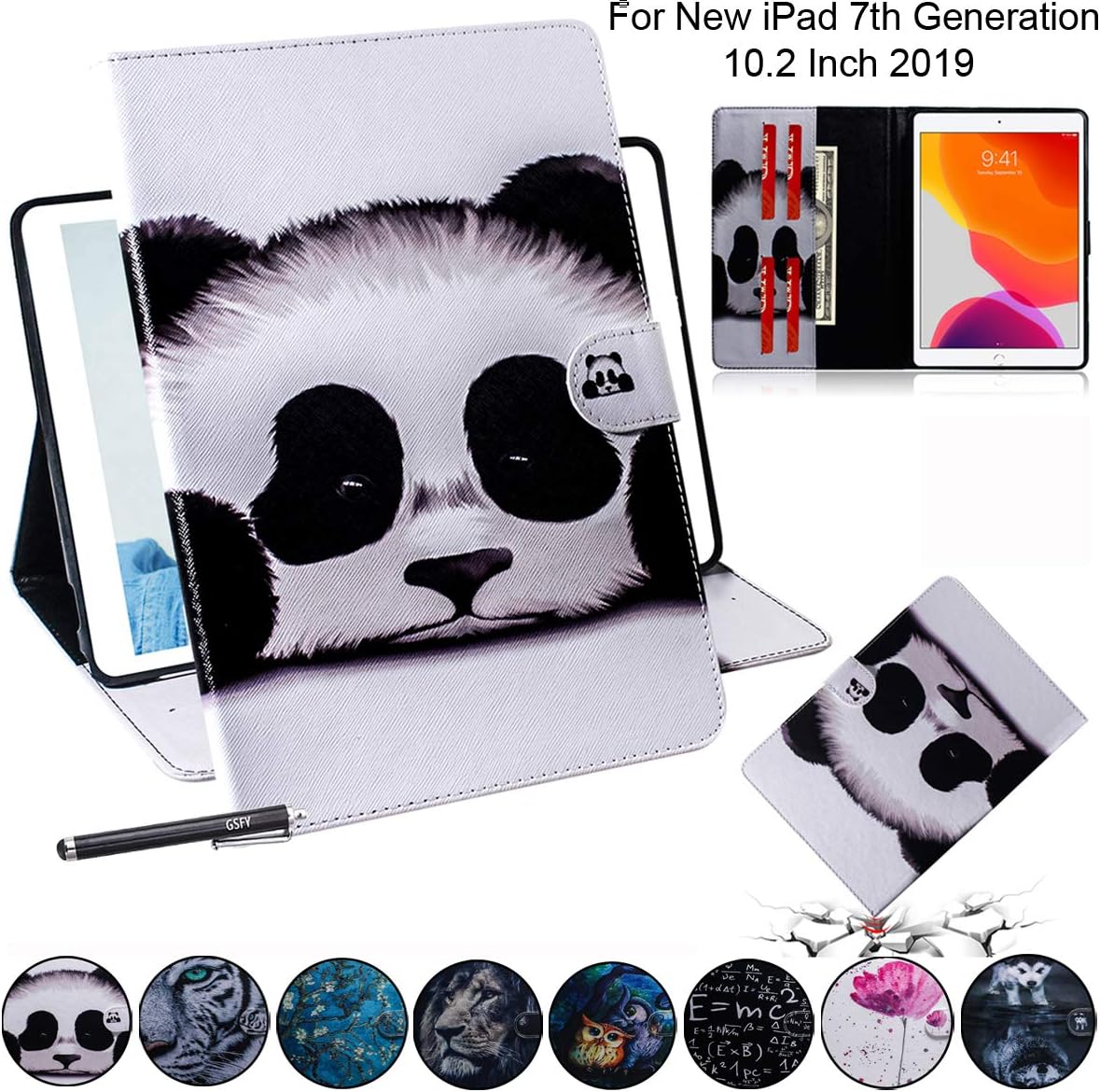iPad 7th Generation 10.2 Inch 2019 Case, GSFY Premium PU Leather Folio Stand Protective Cover with Card Slots, Also Fit iPad Air (3rd Gen) 10.5" 2019 & iPad Pro 10.5" 2017, Panda