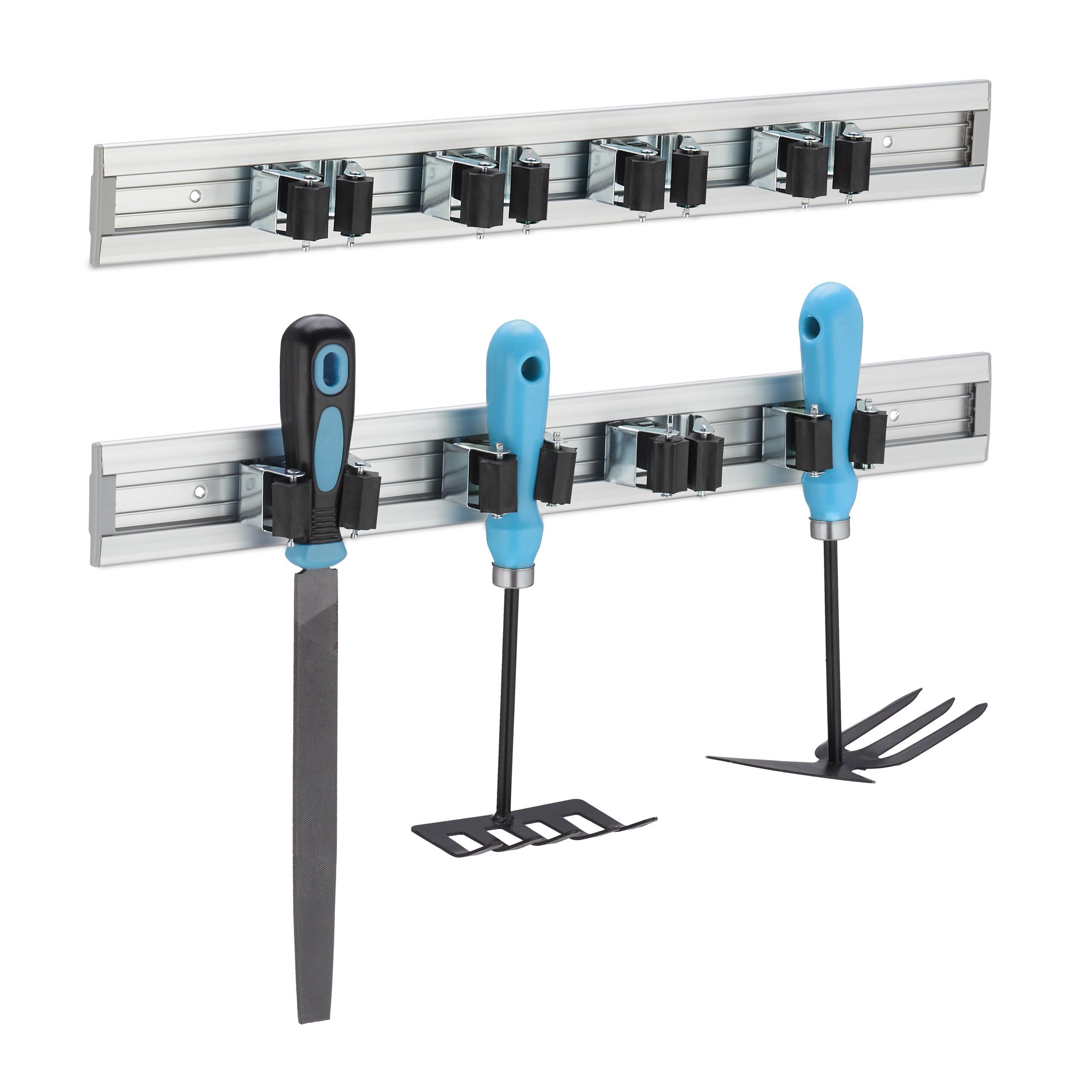 Relaxdays 2x Tool Holder Wall Mount, Broom Rack, 4 Clamps Each, Garden Equipment, 5.5 x 48.5 x 4.5 cm, Aluminium, Silver