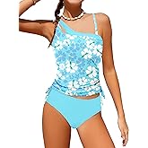 AGAPENG Girls Swimsuit Two Piece One Shoulder Tankini Floral Print Drawstring Swimwear Set 7-14Y
