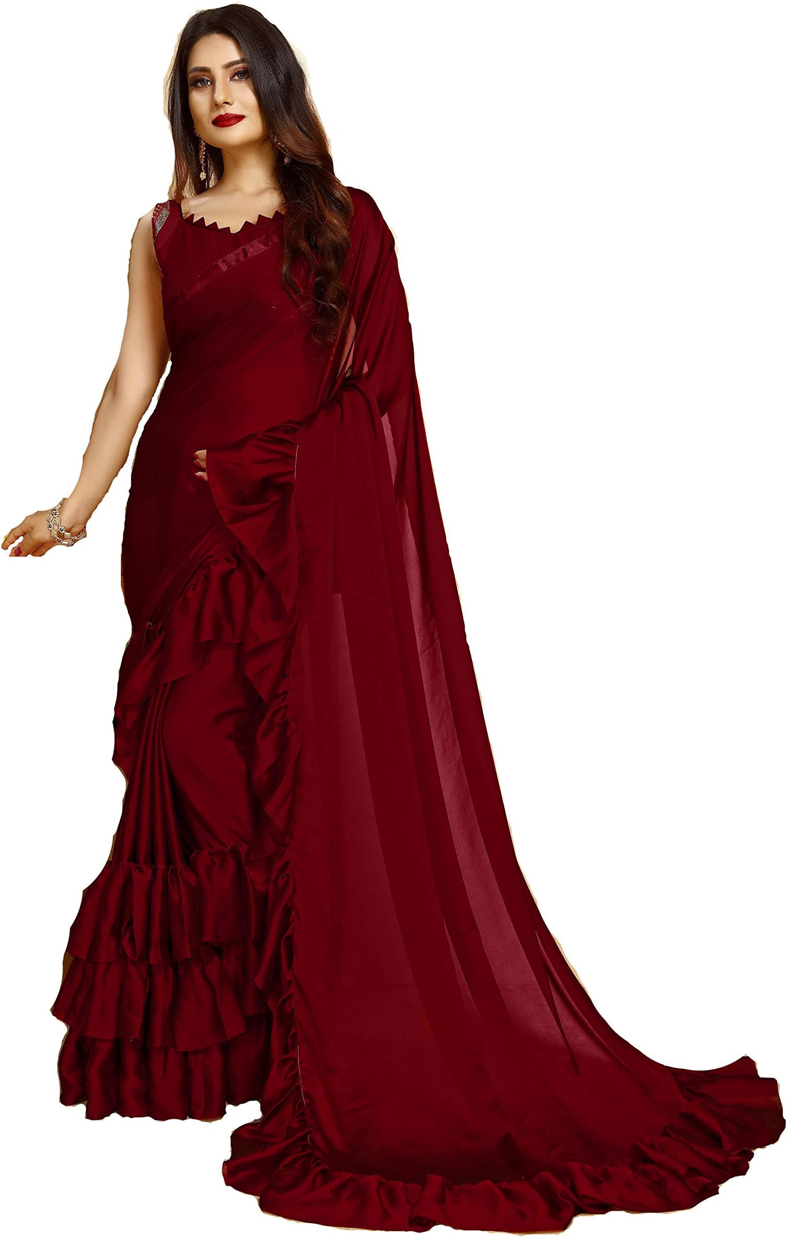 Darshita International Women's Crepe Silk Ruffle Saree (rufflemaroonrangoli_Maroon)