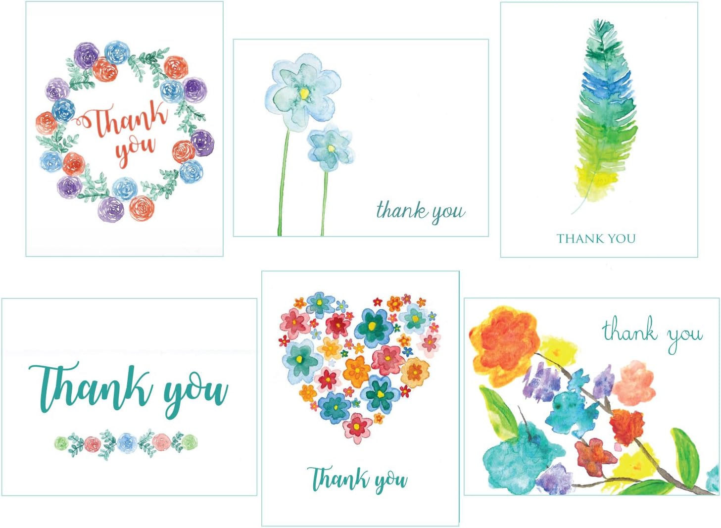 Watercolor Teal Thank You Cards - 36 All Occasion Note Cards - 6 Designs - Blank Cards - Envelopes Included