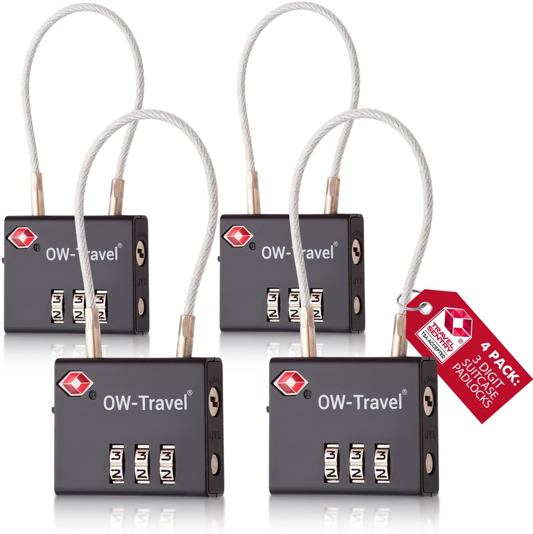 OW-Travel TSA Approved Luggage Locks Suitcase Locks (4 Pack Black) 3 Digit Flexible Cable Suitcase Padlock. Travel Bag Combination Luggage Padlocks for Suitcases. TSA Travel Lock for Bags and Cases