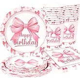 OTTPOOM 100 Pcs Pink Bow Coquette Birthday Party Decorations - 25 Serves Paper Plates, Napkins, Cups - Bow Themed Tableware Supplies