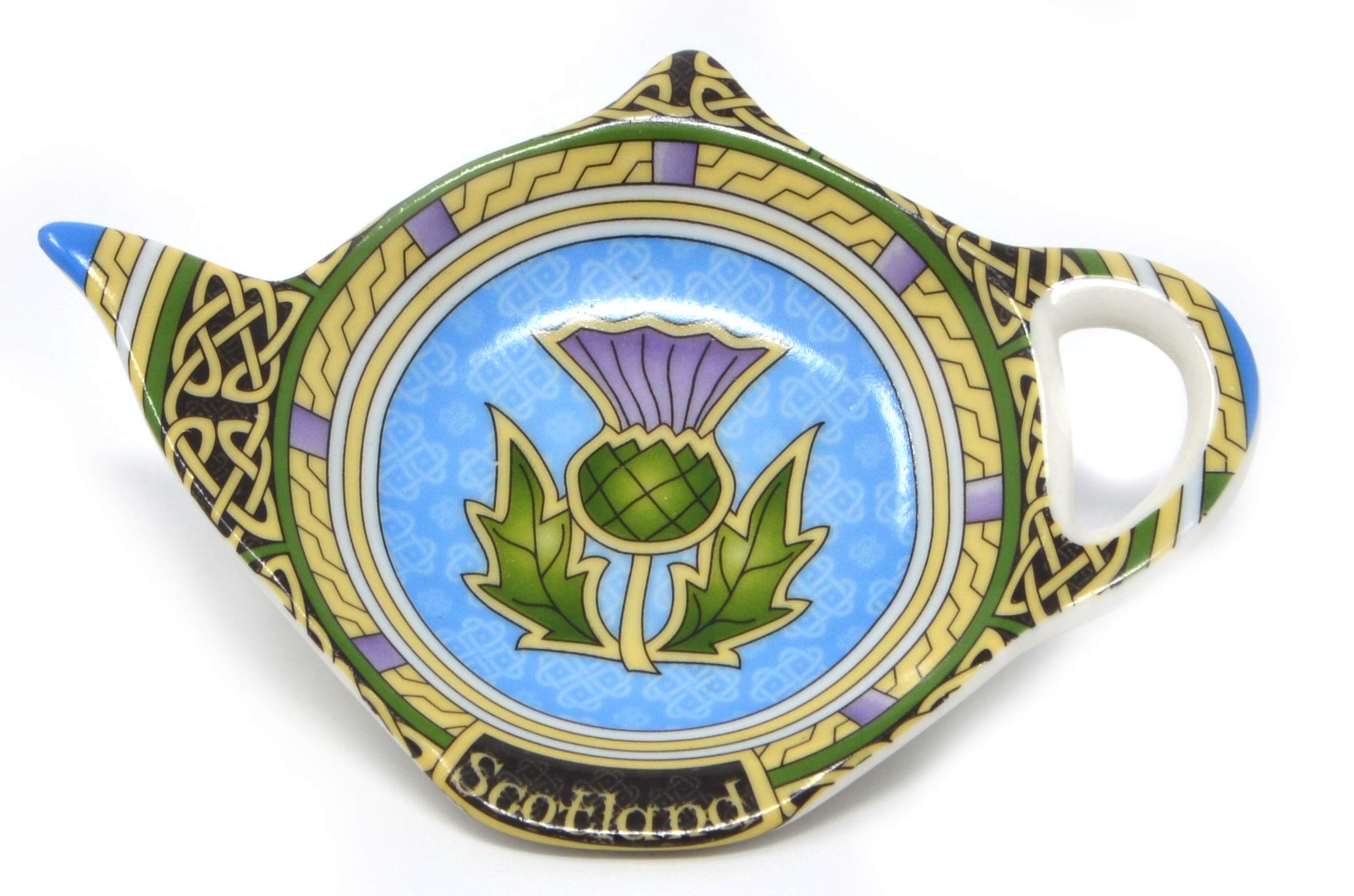 Scotland Tea Bag Holder with Blue Thistle | Scottish Teapot Shaped Resting Caddy Saucer | Made of New Bone China Tea Porcelain Accessories | Diameter 4"/10cm