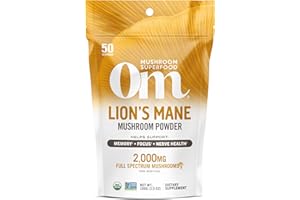OM MUSHROOM SUPERFOOD Lion's Mane Organic Mushroom Powder, Improves Memory, Focus, Clarity, Nerve Health, and Mood Support, 3.5 oz, 50 Servings Powder Supplement Pouch