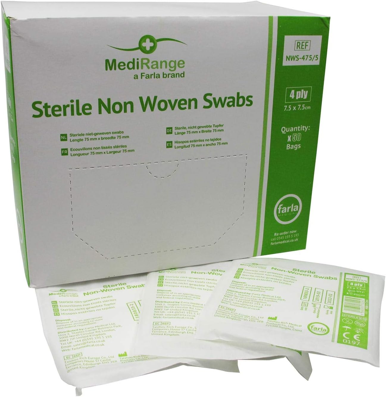MediRange Sterile Non Woven Swabs | 7.5 x 7.5cm | 4 ply | Pack of 5 x 50