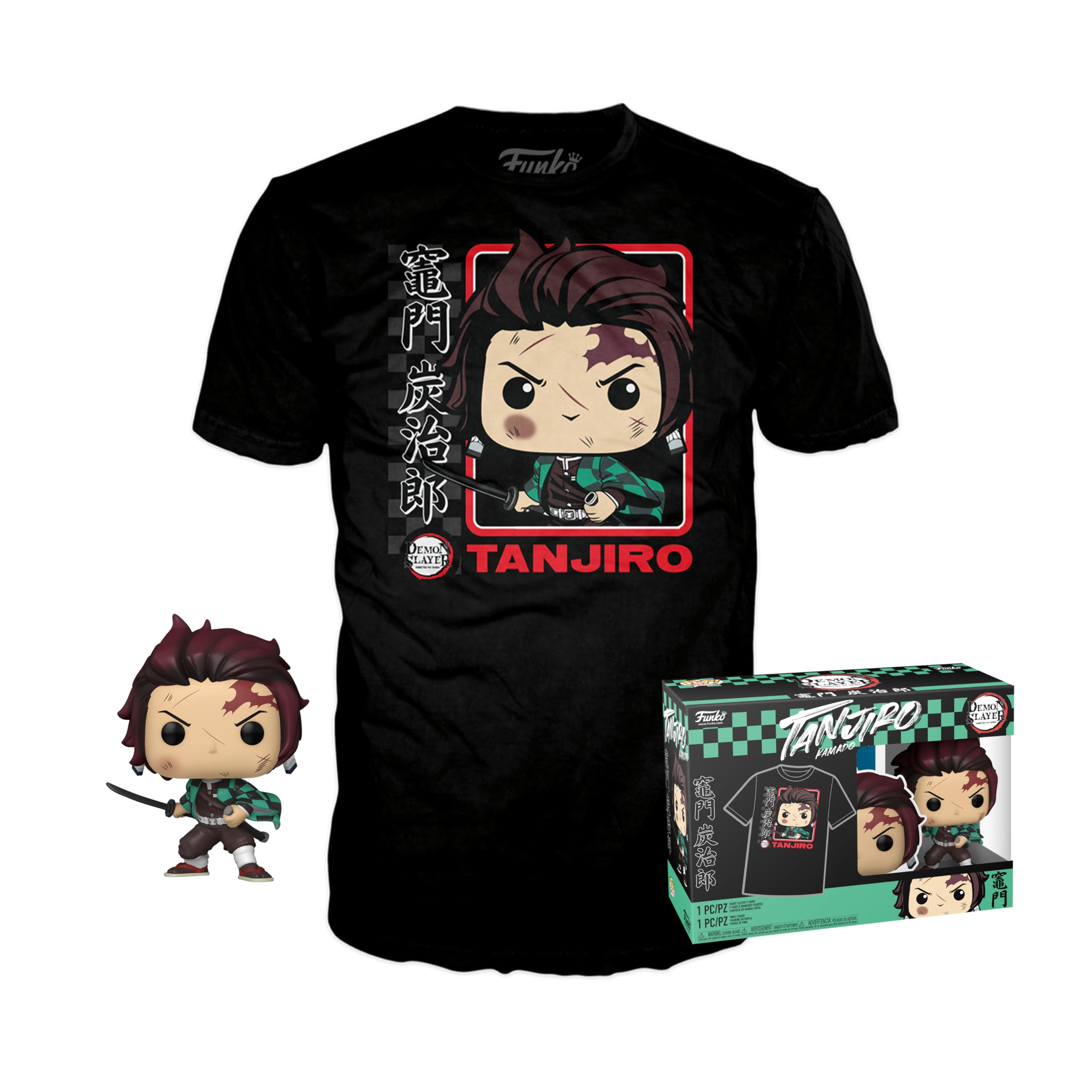 Funko Pop! & Tee: Demon Slayer - Tanjiro - (BL) - M - Medium - T-Shirt - Clothes With Collectable Vinyl Figure - Gift Idea - Toys and Short Sleeve Top for Adults Unisex Men and Women - Anime Fans