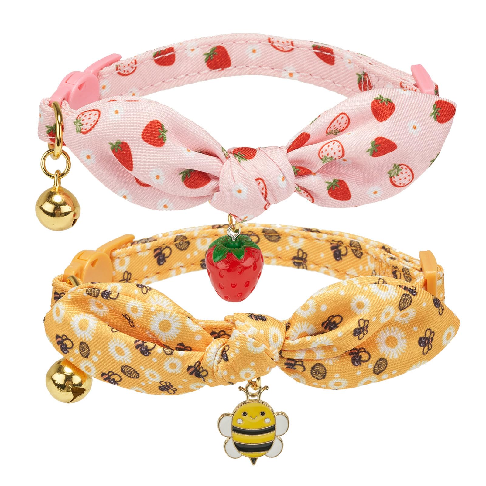 Petiry Cat Collars with Removable Knot Bow Tie,Breakaway Kitten Collars with Gold Bells - Adorable Bee & Strawberry Designs,Pack of 2,Yellow and Pink