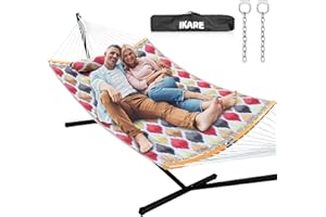 IKARE Double Hammock with Stand - Freestanding Heavy Duty Hammock with Spreader Bar for Backyard, Bedroom, and Portable Use(Gold and Bronze Quatrefoil)