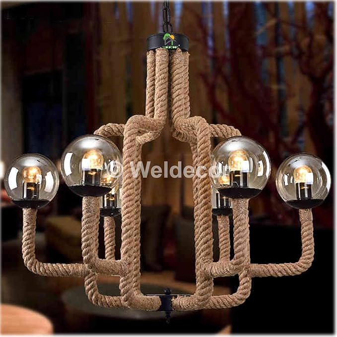 Weldecor Metal Vintage Adjustable Hemp Chandelier with Glass Pandent (Black and Brown)