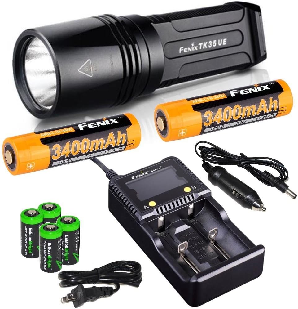 EdisonBright Fenix TK35 2000 Lumen Ultimate Edition LED Tactical Flashlight with 2 x Fenix ARB-L2S 3400mAh 18650 Li-ion Rechargeable Batteries, 4 X CR123A, Fenix car/Home Battery Charger Bundle