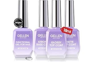 Gellen 4Pcs Top Coat and Base Coat Set With Nail Strengthener for Polish, 18ml No Wipe Glossy and Matte Top Coat, Base Coat, Soak Off UV Gel to Nail Harder