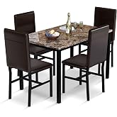 AWQM Dining Table Set for 4, Faux Marble Table &amp; 4 Leather Chair Set, Brown | Kitchen Table Set for Space Saving, Faux Marble Table and Chair Set, For Kitchen, Dining Room &amp; Apartment, MDF &amp; Metal Frame