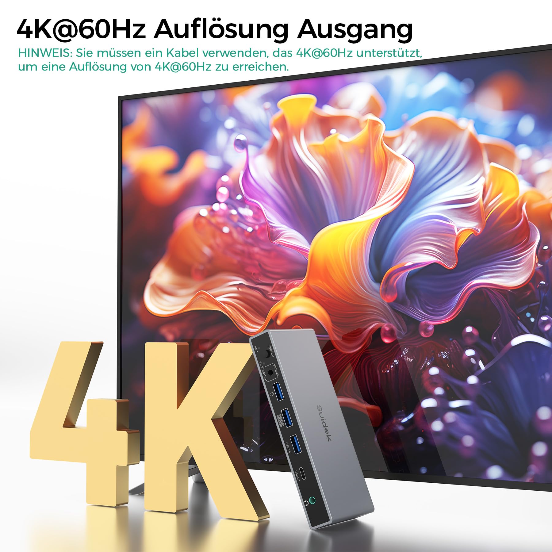 SUIDEK Displayport KVM Switch 2 Monitore 2 Computer, DP In HDMI Out 4K@60Hz KVM-Umschalter mit 4 USB- Ports für 2 DP-Computer teilen sich 2 HDMI-Monitore, inklusive Desktop-Controller und 5V-Netzteil 5