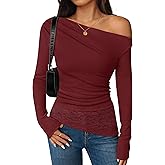 ZESICA Women's Long Sleeve Off Shoulder Tops Fall 2026 Casual Boat Neck Lace Slim Fit Going Out Y2k Shirts Blouses