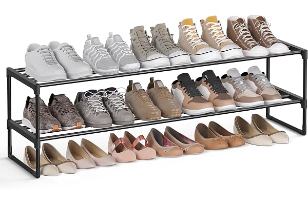 SONGMICS Shoe Rack, 2-Tier Shoe Organizer, Sturdy Storage Shelf, Upright or Upside Down, for 15-18 Pairs, Stackable, for Entr