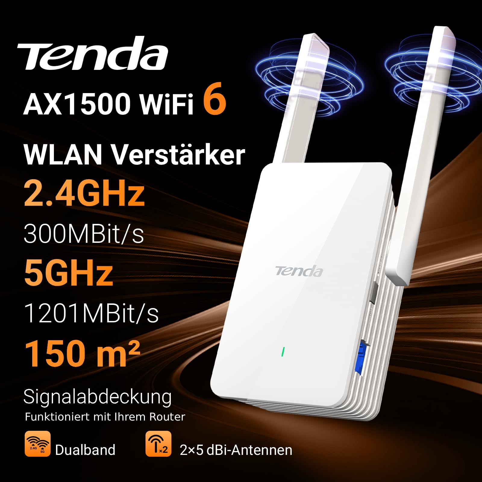 Tenda WiFi 6 WLAN Verstärker Repeater AX1500, 5GHz 1200 Mbit/s 2,4GHz 300 Mbit/s, Gigabit-Port, AP-Modus, WPA3, Abdeckung bis 150 m², kompatibel mit Fritzbox & Anderen Routern, A23 2
