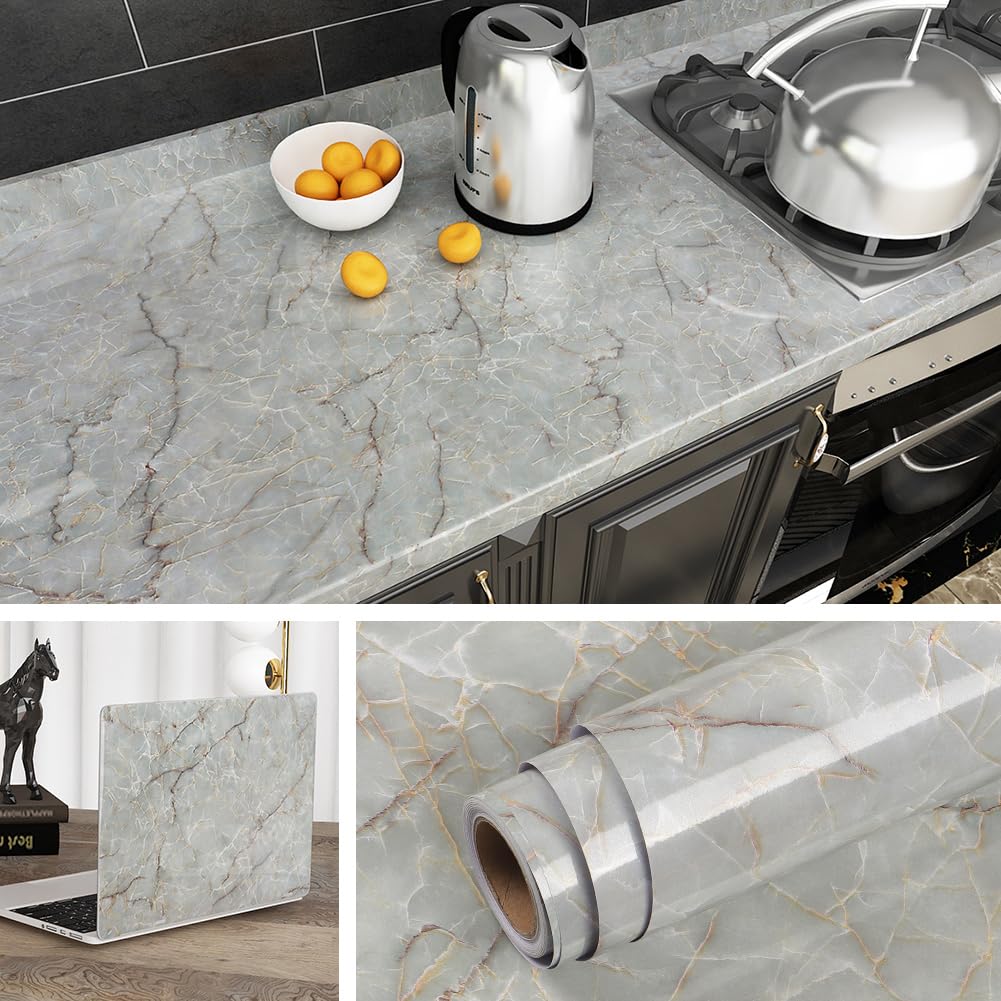 Livelynine 40CMX10M Marble Wallpaper Self Adhesive Vinyl Wrap for Kitchen Worktop Covering Marble Effect Sticky Back Plastic roll Contact Paper Waterproof Kitchen Counter Top Table Desk