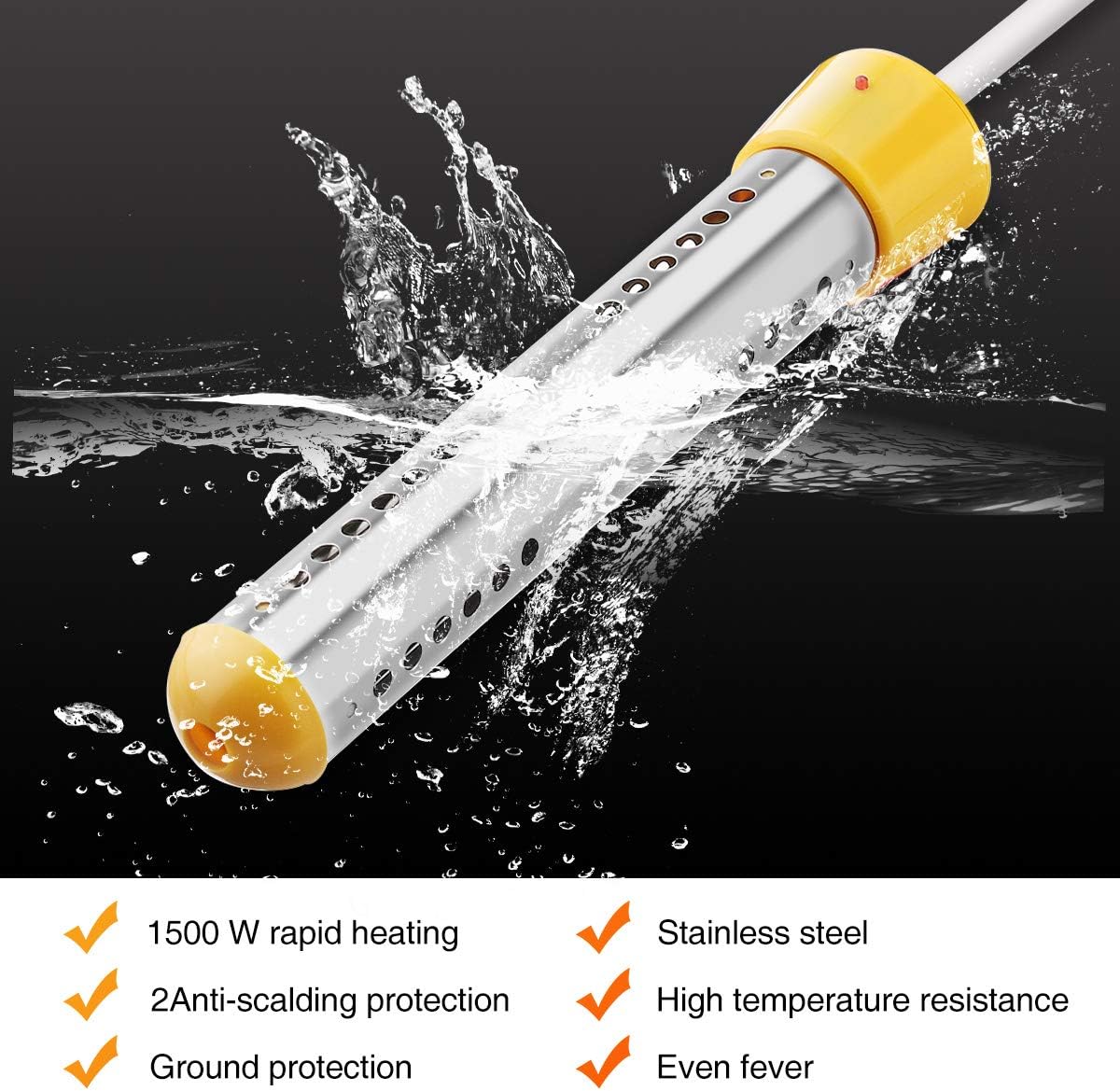 CAMTOA Immersion Heater, Electric Submersible Instant Water Heater with Metal Guard Cover Portable Bucket Heater to Heat 5 Gallons of Water in Minutes for Bathtub, Inflatable Pool - - 