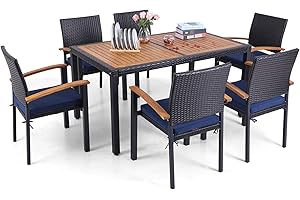 Sophia & William Rattan 7 Pieces Patio Dining Sets with Cushions, Outdoor PE Rattan Chairs and Acacia Wood Table Set for 6 People, Modern Conversation Furniture for Porch Poolside Backyard Balcony