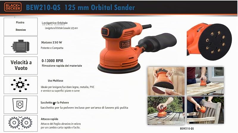 Levigatrice roto orbitale 230W.Sacchetto raccoglipolvere incluso per un'area di lavoro più pulita. BEW210-QS