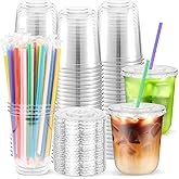 Etersky 50 Pack 12 oz Clear Cups with Flat Lids and Straws, Disposable To Go Iced Coffee Cups, Plastic Cold Drink Smoothie Party Cups for Home, Office, Daily Use