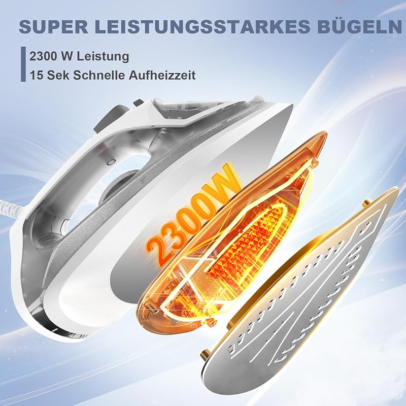 2300W Dampfbügeleisen mit Schnell Aufheizender Antihaft Bügelsohle, 300ml Wassertank, Konstante Dampfleistung 25 g/min, Dampfstoß 150 g/min, Selbstreinigung, Anti-Kalk & Tropf-Stopp-Funktion