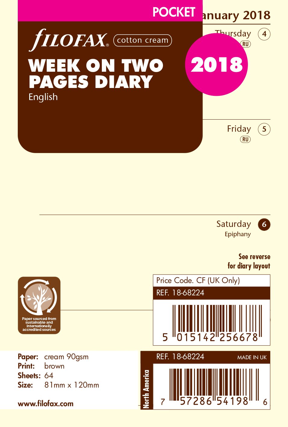 Filofax Pocket Week On Two Pages English 2018 Cotton Cream Diary