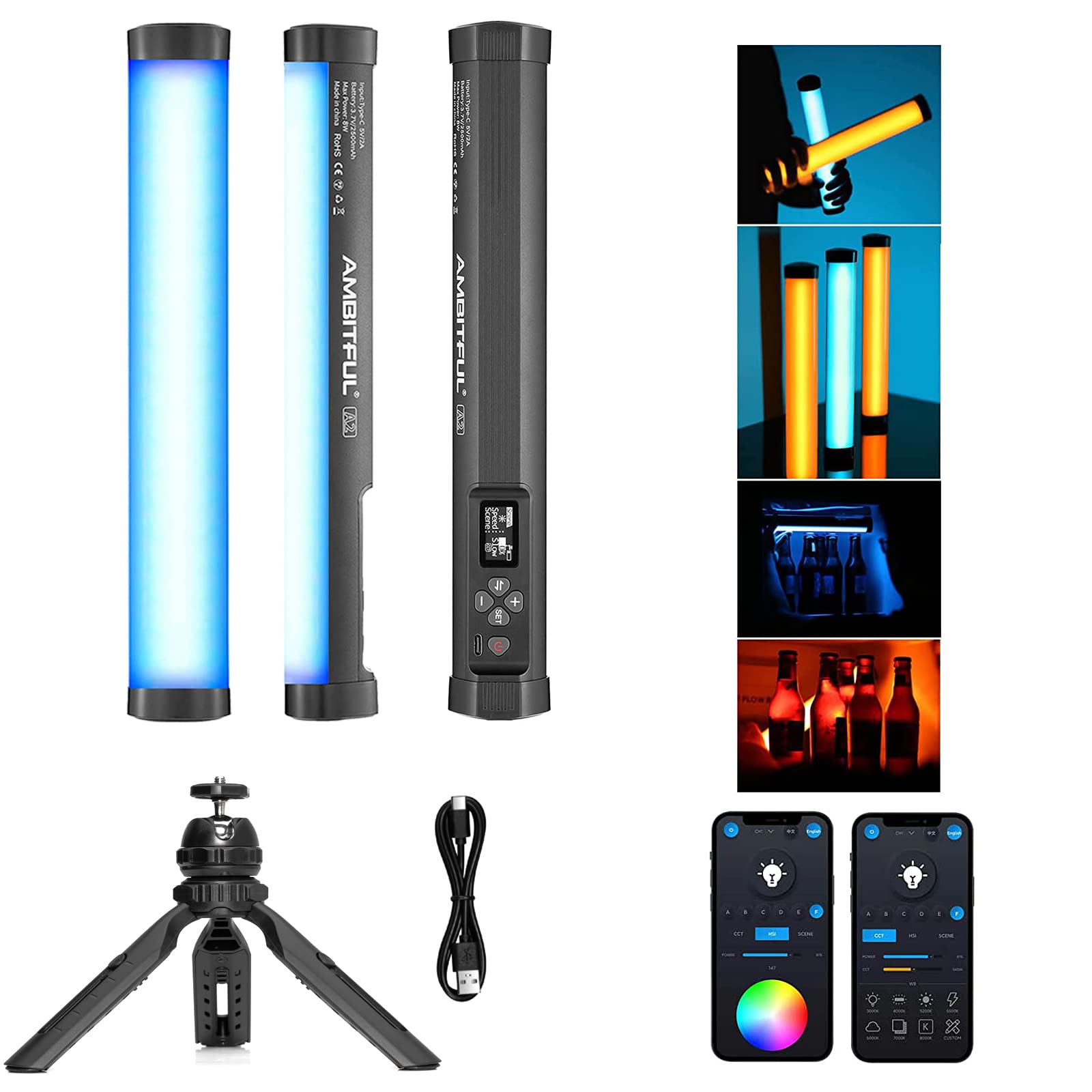 Photo 1 of AMBITFUL A2 Full-Color RGB Tube Light, CRI 95 TLCI 97 Accurate Color,2500k-8500K Adjustable,RGB CCT HSI Mode, 29 Fx Light Effect,APP Control Support, Magnet Design (A2+Desktop Tripod)