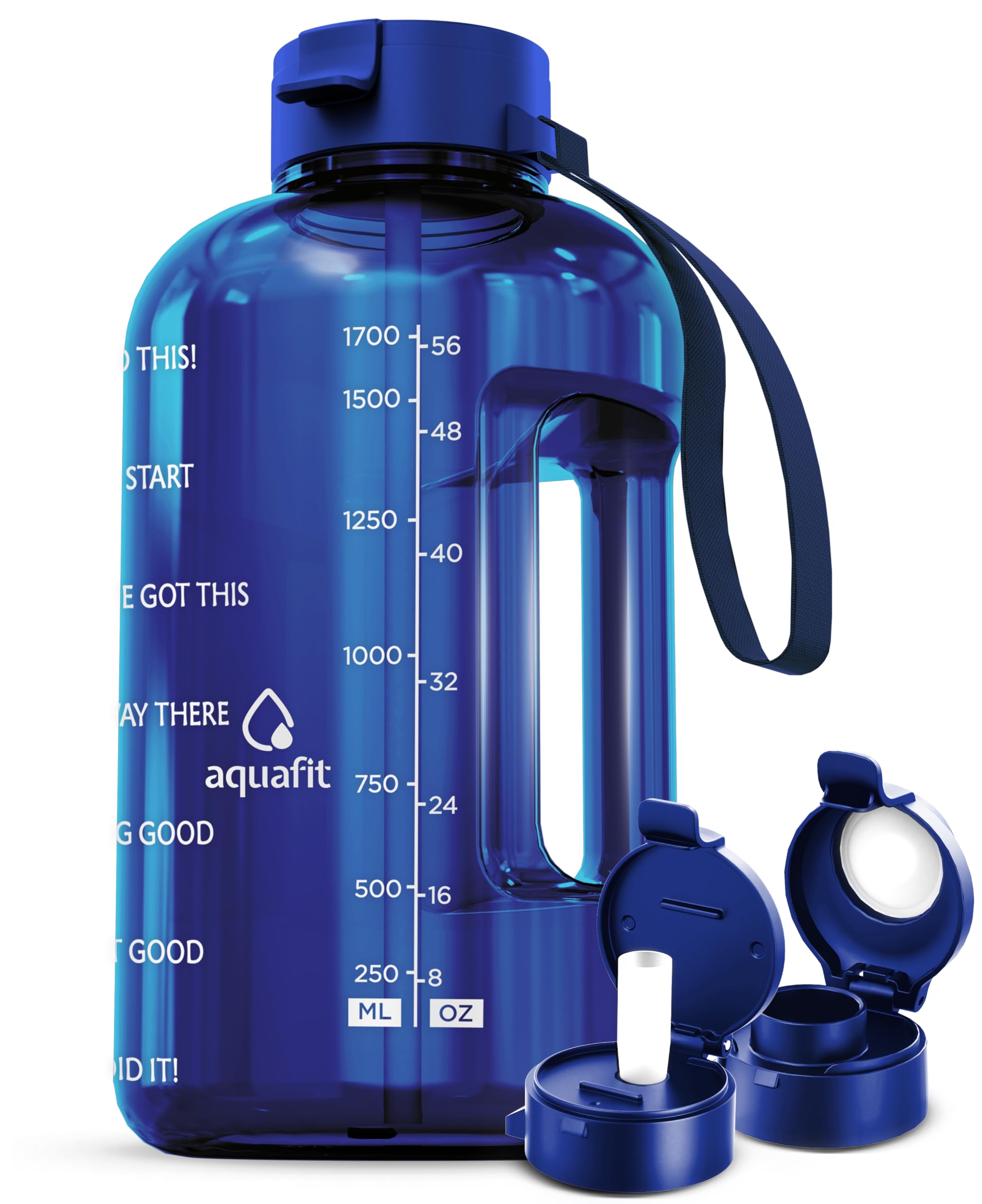 Photo 1 of AQUAFIT Half Gallon Water Bottle with Time Marker - Straw & Chug Lid - BPA Free Big Water Bottle with Straw - Gym Water Bottle with Handle - Motivational Half Gallon Water Jug (64 oz, Blue)