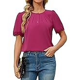 Women's Dressy Casual Blouses Short Sleeve Crew Neck Business Work Tops Lace Trim Summer Button Soft Loose Shirts