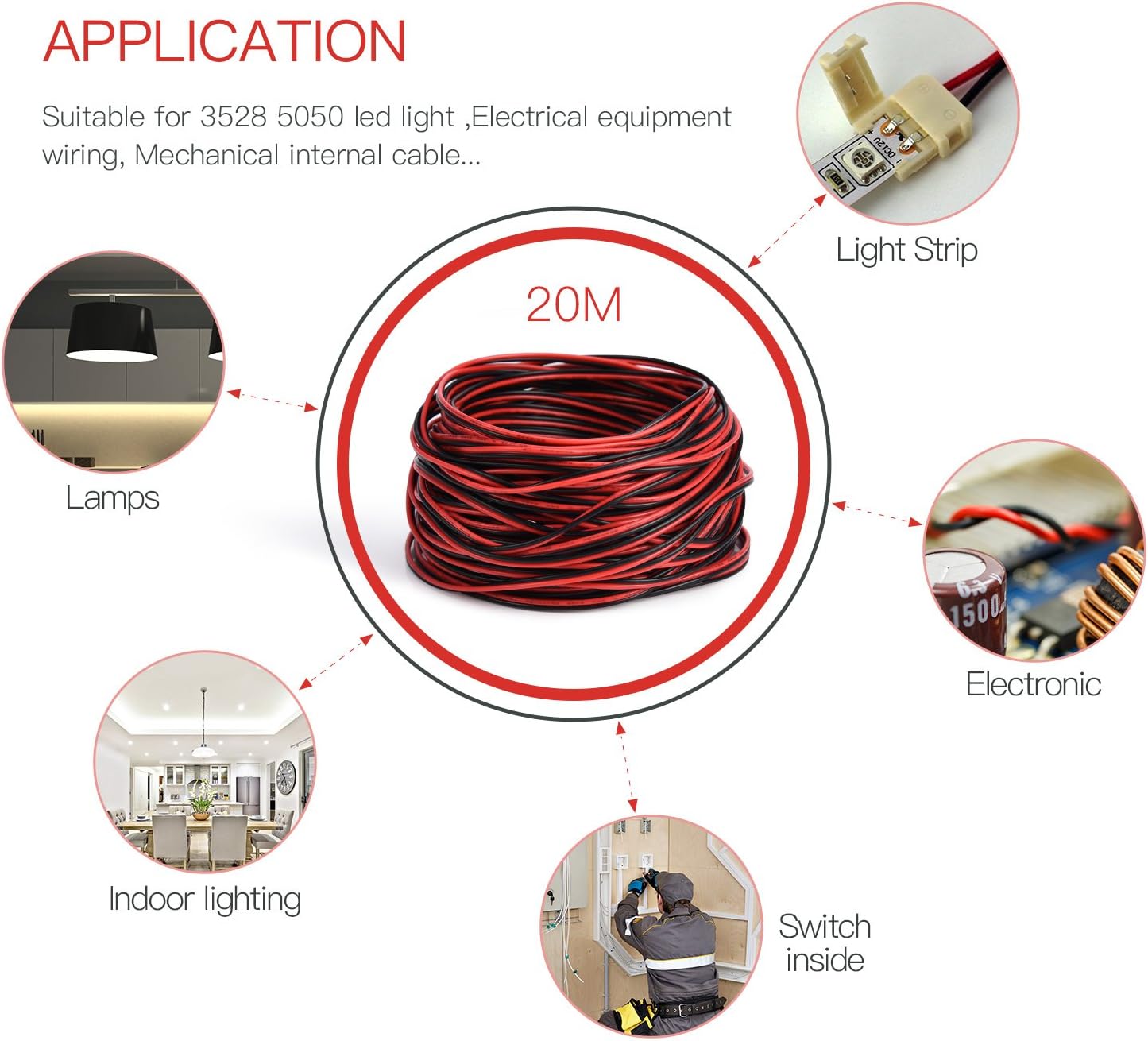 65.6ft Extension Cable Wire Cord JACKYLED 20M 22AWG Wire Cord for Led Strips Single Color 3528 5050 - - 