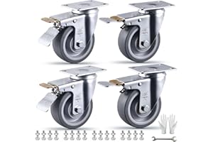 VM VIMA 4 Inch Castets Set of 4 Heavy Duty Caster Wheels with Brake 2200Lbs Swivel TPR Rubber Wheel Silent Castor Locking Industrial Plate Casters Wheels for Cart Furniture Workbench, 4 Brake