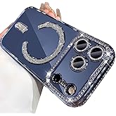 AuroiCCY for iPhone 17 Pro Max Case Magnetic, [Compatible with MagSafe] Women Cute Clear Glitter Bling Diamond Rhinestone Sparkly Case Camera Lens Protectors Plating Cover 6.9'' 2025, Blue
