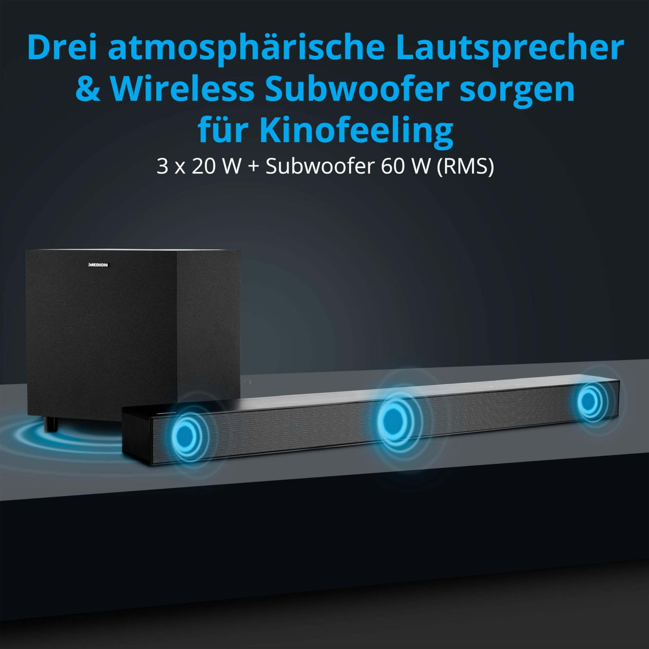 MEDION S61022 3.1 Dolby Atmos Soundbar mit kabellosen Subwoofer (für TV Geräte, Bluetooth 5.3, HDMI eARC CEC, optischer Eingang, AUX, 3 x 20 W + 60 W (RMS) Subwoofer kabellos, Fernbedienung 5