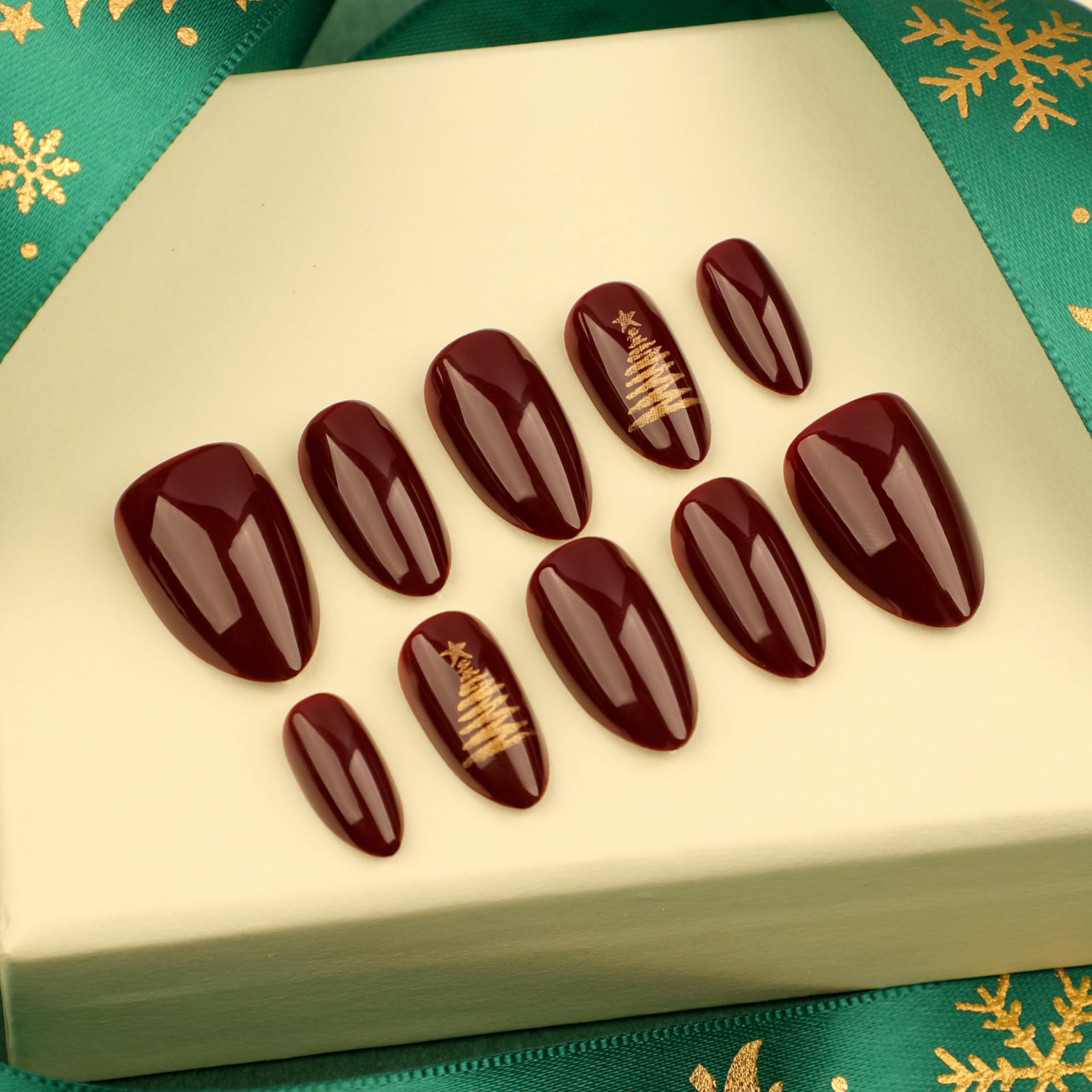 KQueenest Dark Red Christmas Press on Nails Short Almond with Glitter Christmas Tree Design, Cute Fake Nails Acrylic, Burgundy Christmas Nails Press on, Xmas Glossy Stick on Nails For Women, 24 Pcs - Image 5