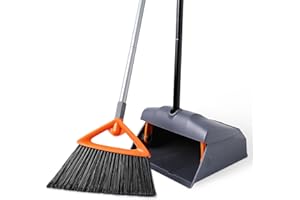 Heavy Duty Broom with Dustpan Combo Set Indoor and Outdoor Dual Purpose,Stiff Bristle Commercial Angle Broom and Standing Dus