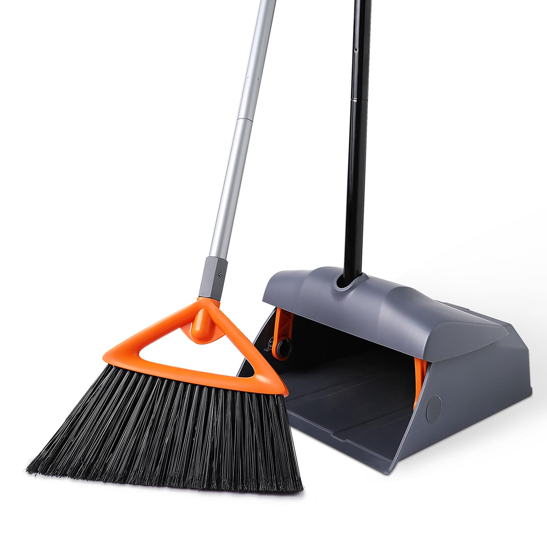 Heavy Duty Broom with Dustpan Combo Set Indoor and Outdoor Dual Purpose,Stiff Bristle Commercial Angle Broom and Standing Dust Pans with Long Handle for Sweeping Home,Kitchen,Yard,Grey