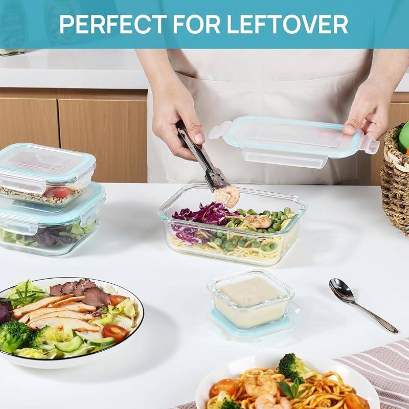 Vtopmart conjunto de 8 unidades recipientes de vidro para alimentos, recipientes de vidro herméticos com tampa, reutilizável, empilhável, máquina de lavar louça e cofre de micro-ondas, livre de BPA