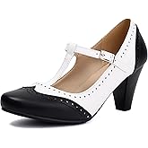 Elerhythm Women's Mary Jane Two Tone Classic and Retro Oxford Wingtip 1920s Pump Heels 1950s Vintage Round Closed Toe 1940s Ankle Strap Dress Shoes