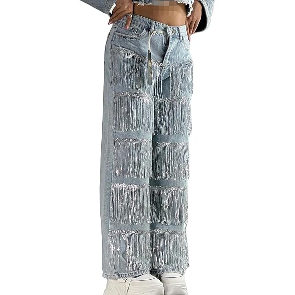 Kwunbwa Women's High Waisted Jeans Sequin Fringe Wide Leg