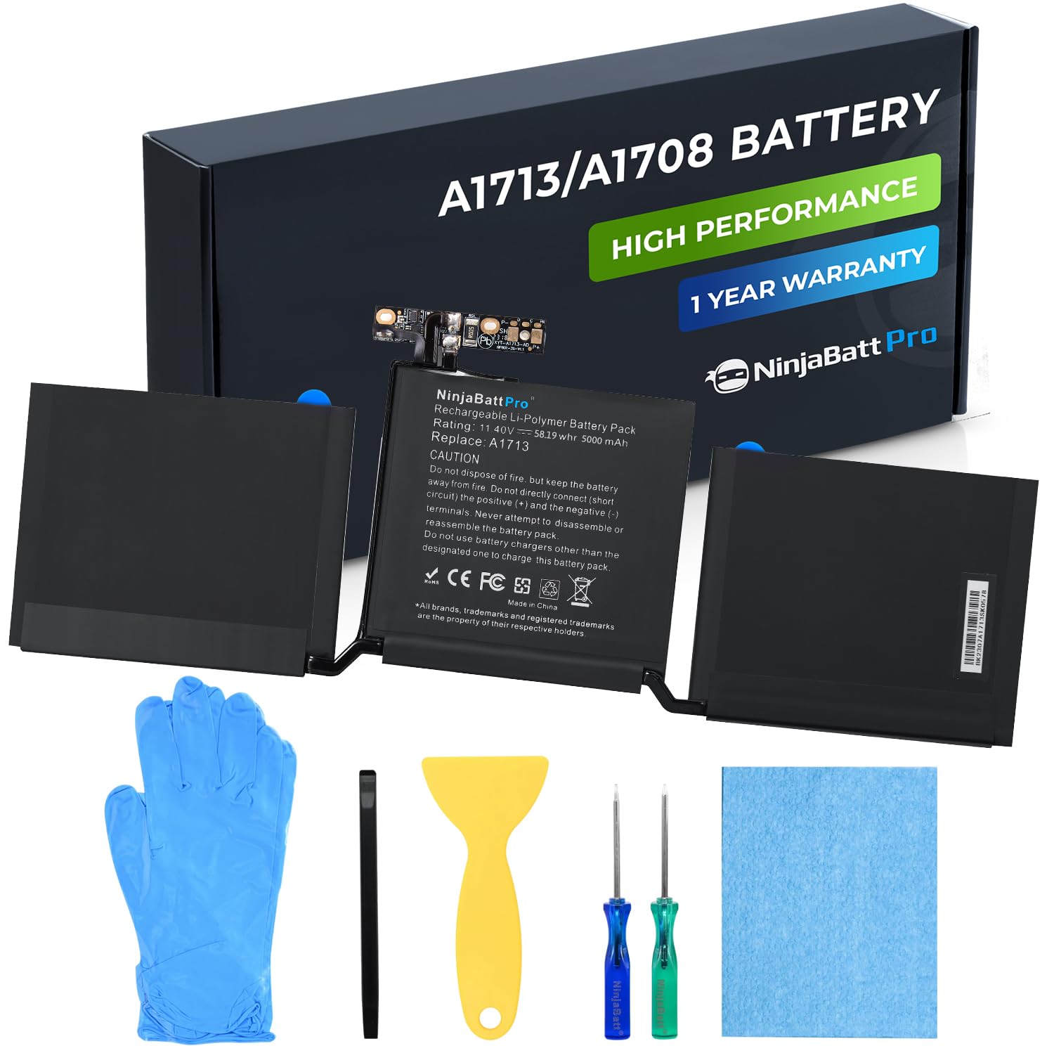 Photo 1 of NinjaBatt A1713 A1708 Replacement Battery for MacBook Pro 13-inch – A1708 (Late 2016, Mid 2017 Years) A2159 (2019) A2289 (Mid 2020) A2338 (M1 Late 2020) –Lasting Performance [5000mAh/58.19Wh/11.4V]