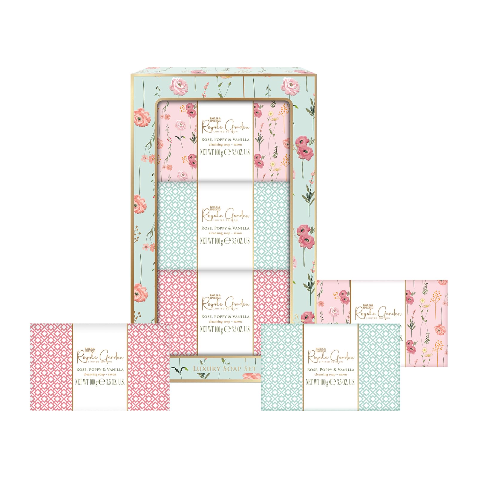 Baylis & Harding Royale Garden Rose, Poppy & Vanilla Luxury Wrapped Soaps Gift Set - Vegan Friendly (Pack of 1)